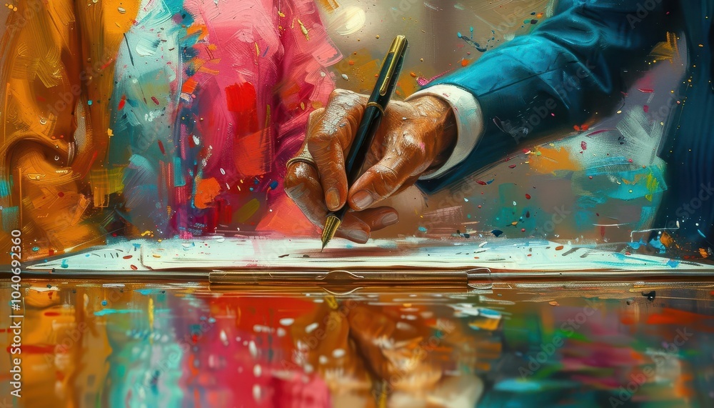 Obraz premium Business agreement signing, professional attire, vibrant colors, office setting, dynamic