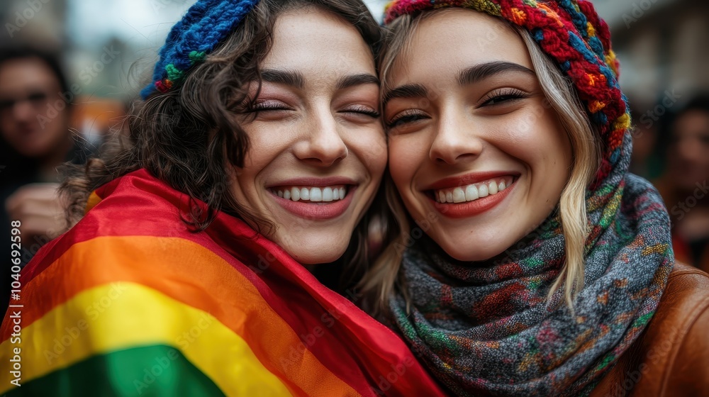 Two friends embrace joyfully under a rainbow flag, symbolizing pride and diversity, wearing colorful knit hats amidst a lively street celebration atmosphere. Two friends embrace joyfully under a rainbow flag, symbolizing pride and diversity, wearing colorful knit hats amidst a lively street celebration atmosphere.