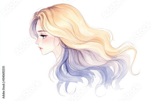 Elegant profile of a woman with flowing hair, on a white isolated background.