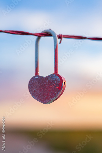 heart lock hanging on barbed wire in the sky