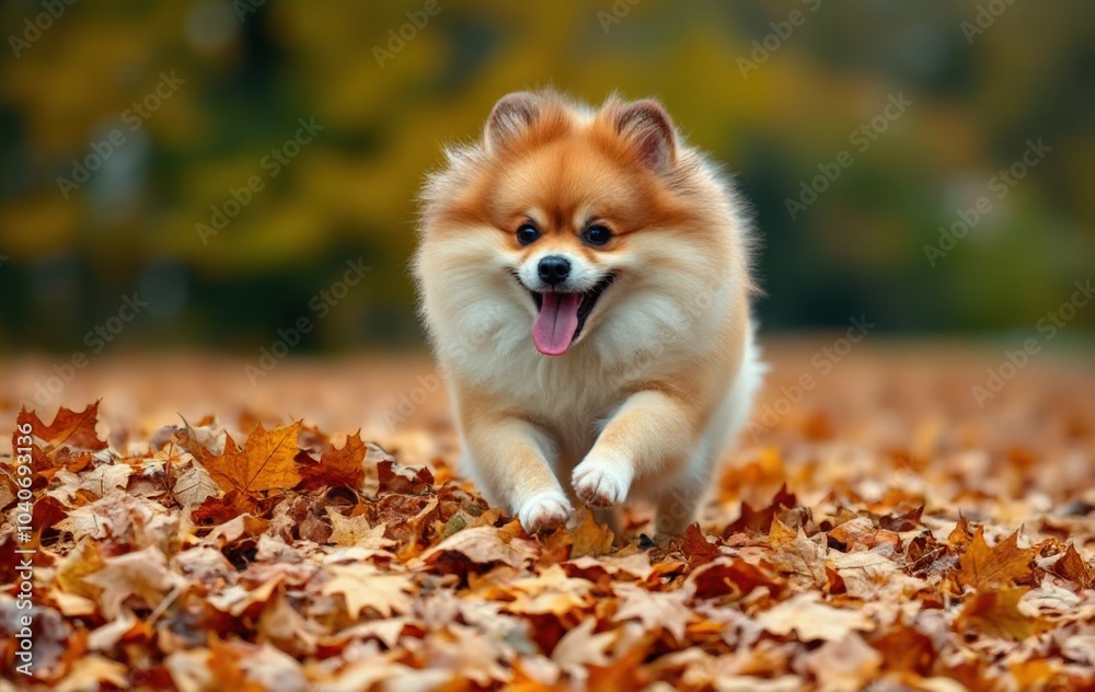 Fluffy Dog Running Through Autumn Leaves Fluffy Dog Running Through Autumn Leaves