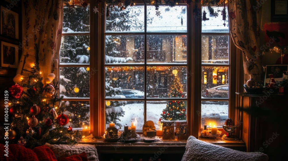 living room adorned for the holidays, featuring a Christmas tree, warm fireplace, and snow-covered windows. living room adorned for the holidays, featuring a Christmas tree, warm fireplace, and snow-covered windows.