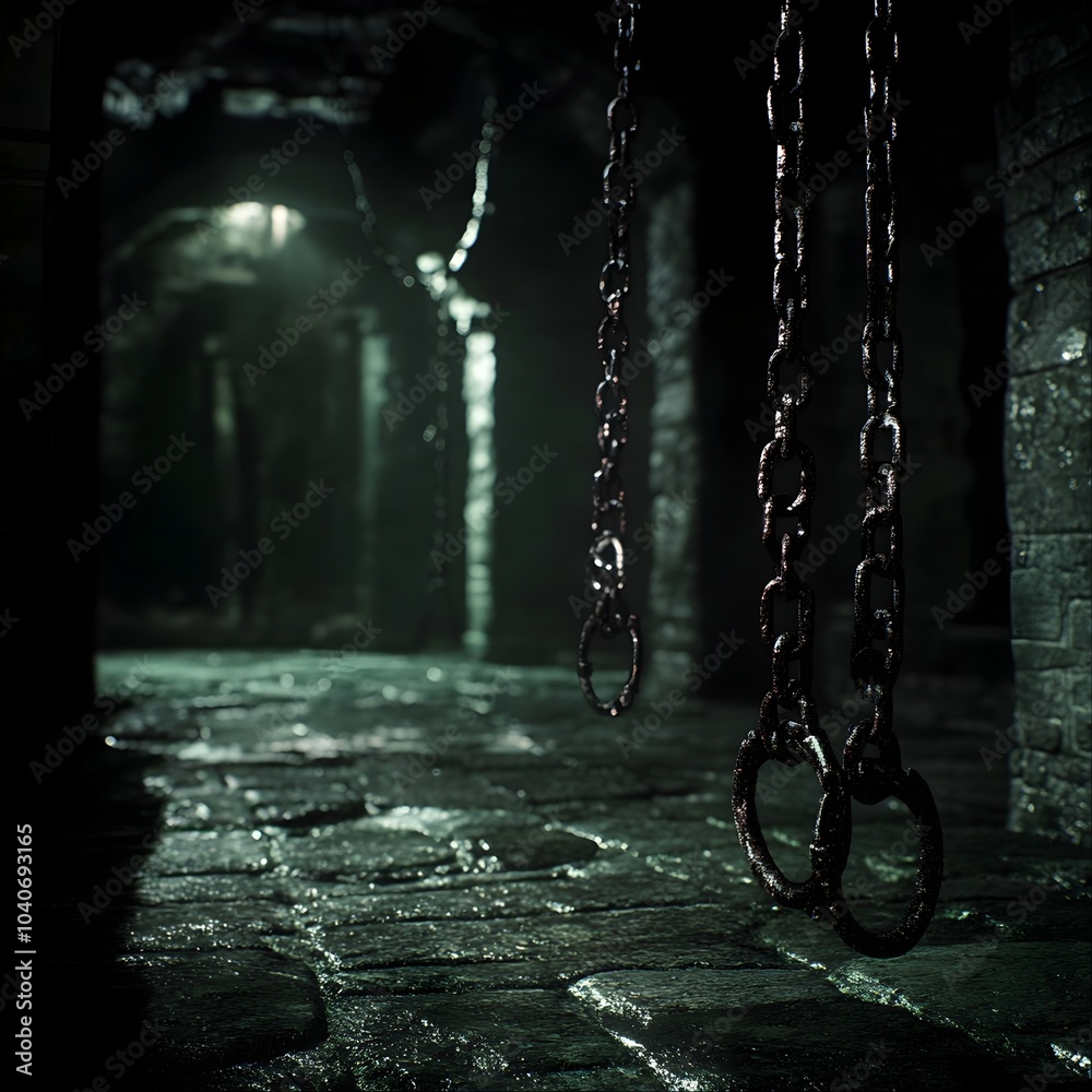 A dark of eerie dungeon scene, The atmosphere is heavy and unsettling. On the right, a few worn and weathered chains with cuffs, The overall mood is one of desolation and supernatural tension. A dark of eerie dungeon scene, The atmosphere is heavy and unsettling. On the right, a few worn and weathered chains with cuffs, The overall mood is one of desolation and supernatural tension.