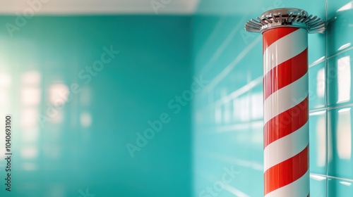 An eye-catching barber pole with red and white stripes stands in a teal-tiled room, reflecting the seamless blend of vintage design and contemporary aesthetics. photo