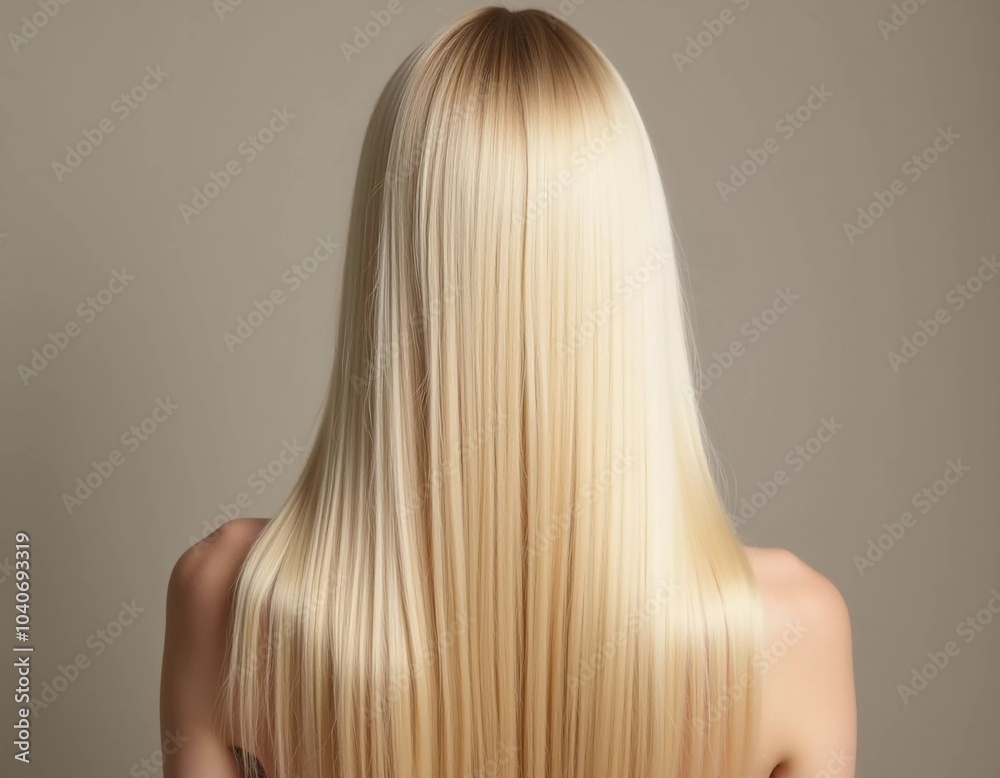 Naklejka premium Smooth, straight blond hair flows elegantly down back, highlighting its healthy shine and uniform color, illuminated by soft lighting, creating striking look. Hair care, the effect of cosmetics. AI