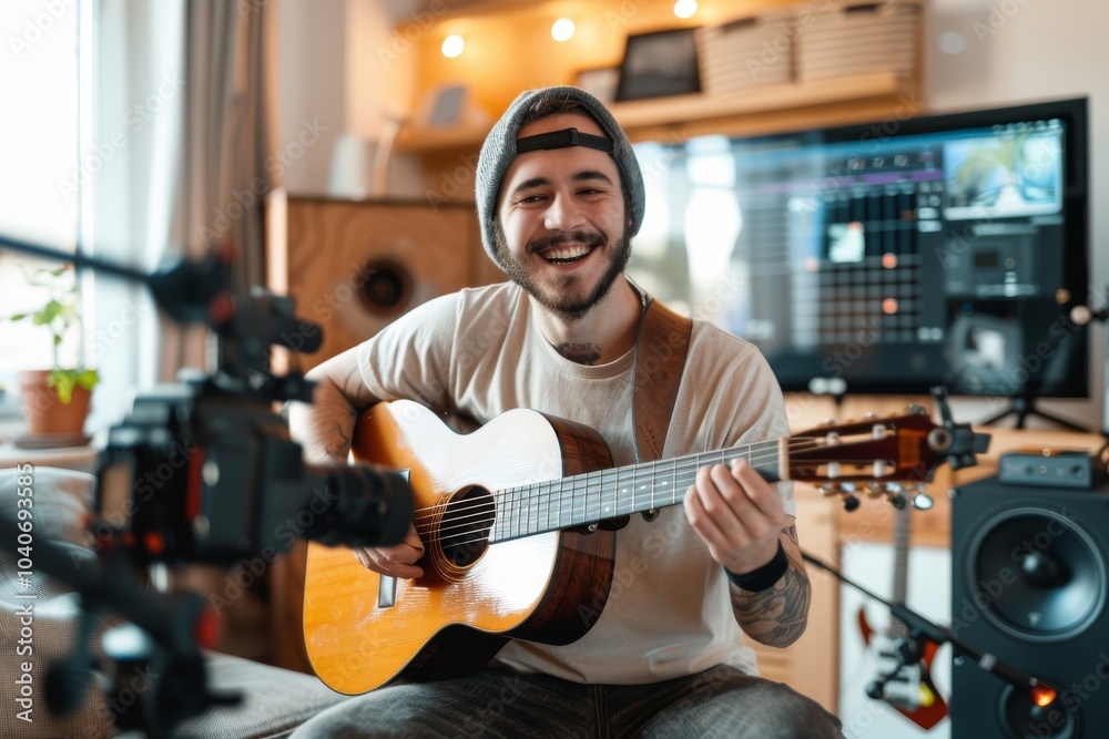 Happy Young Man Plays Guitar in Front of the Camera, Home Studio, Broadcast by Music Content Creator