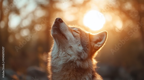 Captured in the golden hour, a majestic wolf lifts its head to the heavens, basking in the warmth and beauty of the setting sun, symbolizing freedom and grace. photo