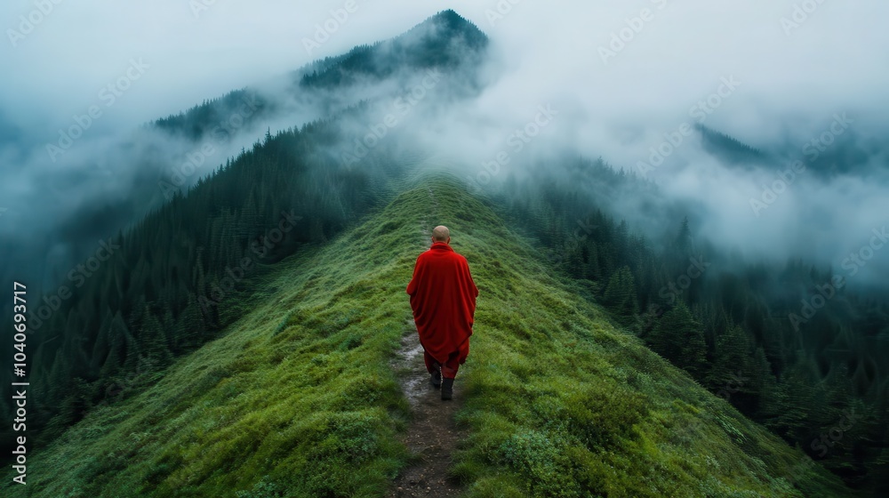A solitary monk in a red robe walks along a narrow mountain path, embraced by mist and surrounded by lush greenery, creating a serene and mysterious atmosphere.