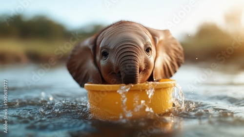 A playful baby elephant peeks adorably behind a yellow water bucket, wading through water, bringing forth joy and an essence of playful curiosity. photo