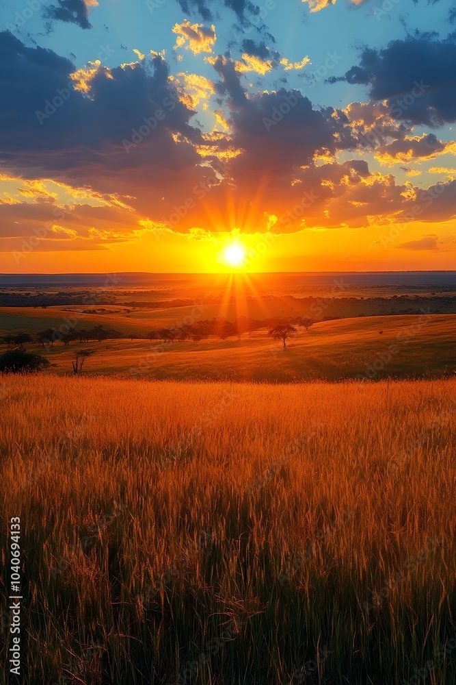 Stunning sunset over a golden field with dramatic clouds, casting warm hues across the landscape, creating a serene and tranquil atmosphere. Stunning sunset over a golden field with dramatic clouds, casting warm hues across the landscape, creating a serene and tranquil atmosphere.