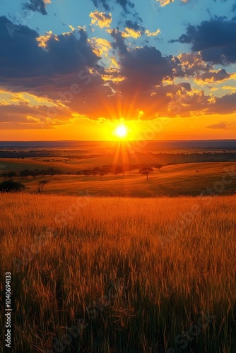 Stunning sunset over a golden field with dramatic clouds, casting warm hues across the landscape, creating a serene and tranquil atmosphere.