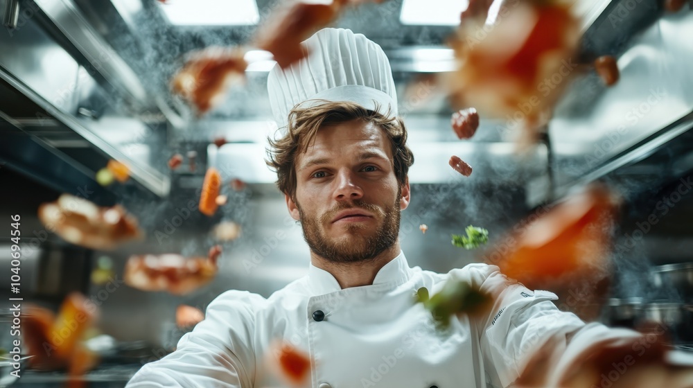 A confident chef wearing a white uniform and hat, orchestrating ingredients mid-air in a vibrant kitchen scene, displaying culinary skill and passion with a dash of artistry. A confident chef wearing a white uniform and hat, orchestrating ingredients mid-air in a vibrant kitchen scene, displaying culinary skill and passion with a dash of artistry.