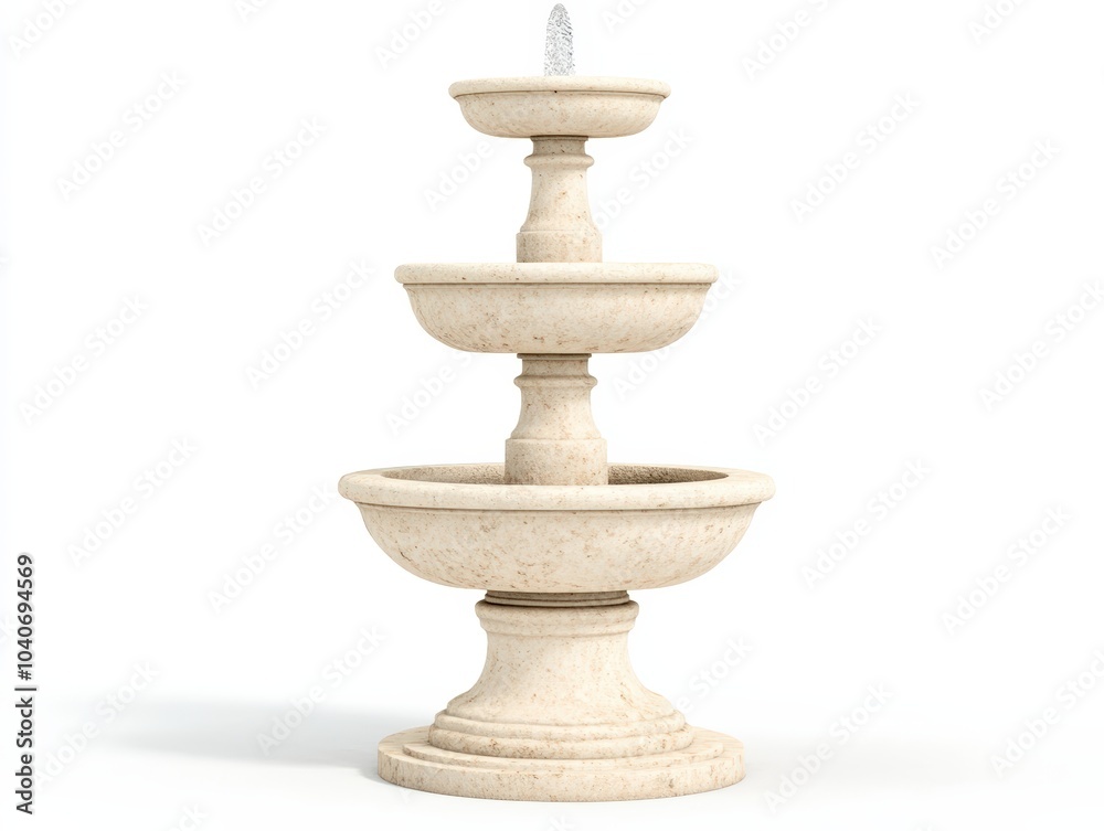 Three-tiered stone fountain with water stream, white isolated background. Three-tiered stone fountain with water stream, white isolated background.