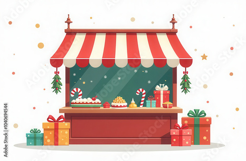 winter holiday fair, wooden house. Christmas market stall with different candy. Merry christmas and New Year
