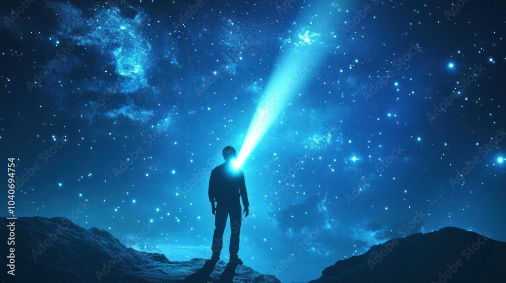 A man with a flashlight shone up into the sky. A man with a flashlight shone up into the sky.