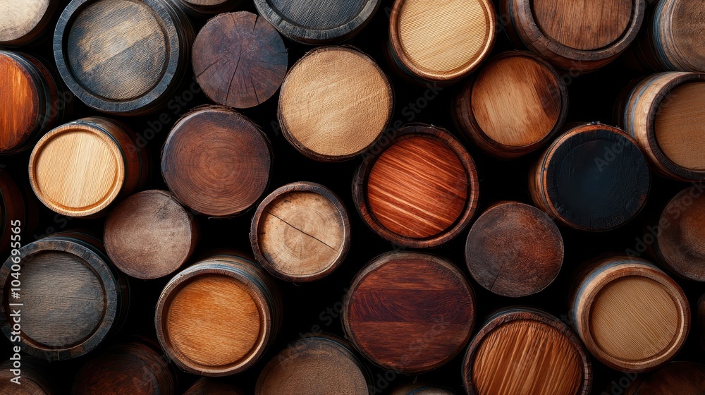 A collection of rustic wooden barrels stacked methodically, creating intricate patterns and textures, symbolizing craftsmanship and the art of traditional distillation. A collection of rustic wooden barrels stacked methodically, creating intricate patterns and textures, symbolizing craftsmanship and the art of traditional distillation.