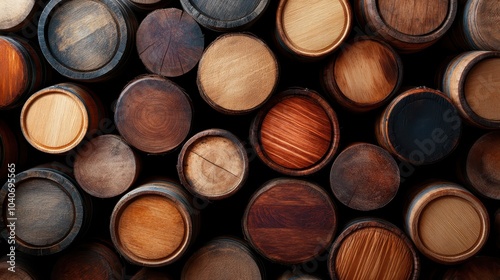 A collection of rustic wooden barrels stacked methodically, creating intricate patterns and textures, symbolizing craftsmanship and the art of traditional distillation.