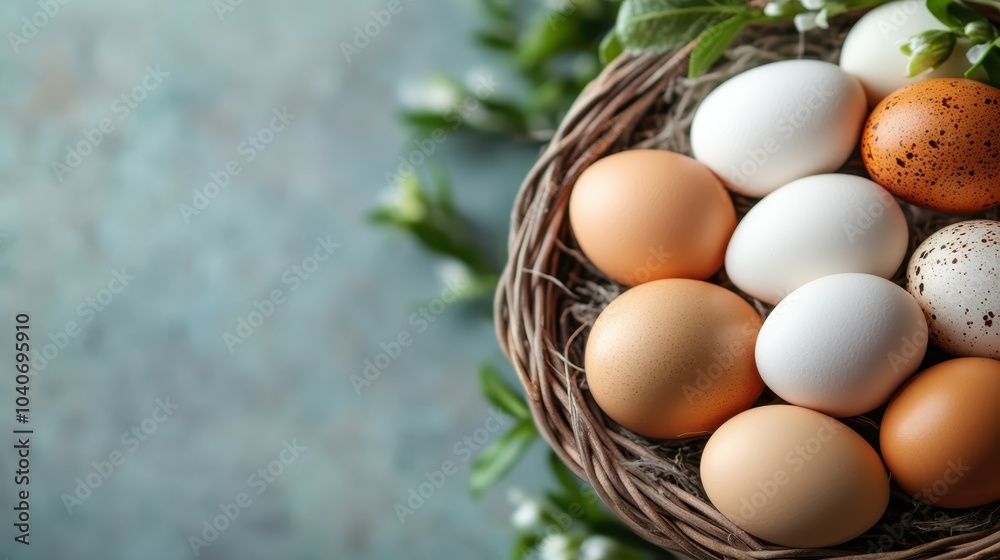 A variety of fresh eggs, including white, brown, and speckled, are arranged in a wicker basket surrounded by green leaves on a softly textured surface. A variety of fresh eggs, including white, brown, and speckled, are arranged in a wicker basket surrounded by green leaves on a softly textured surface.