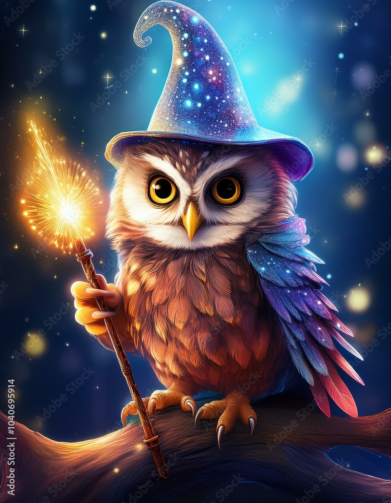 Cute owl wizard with a wand Cute owl wizard with a wand