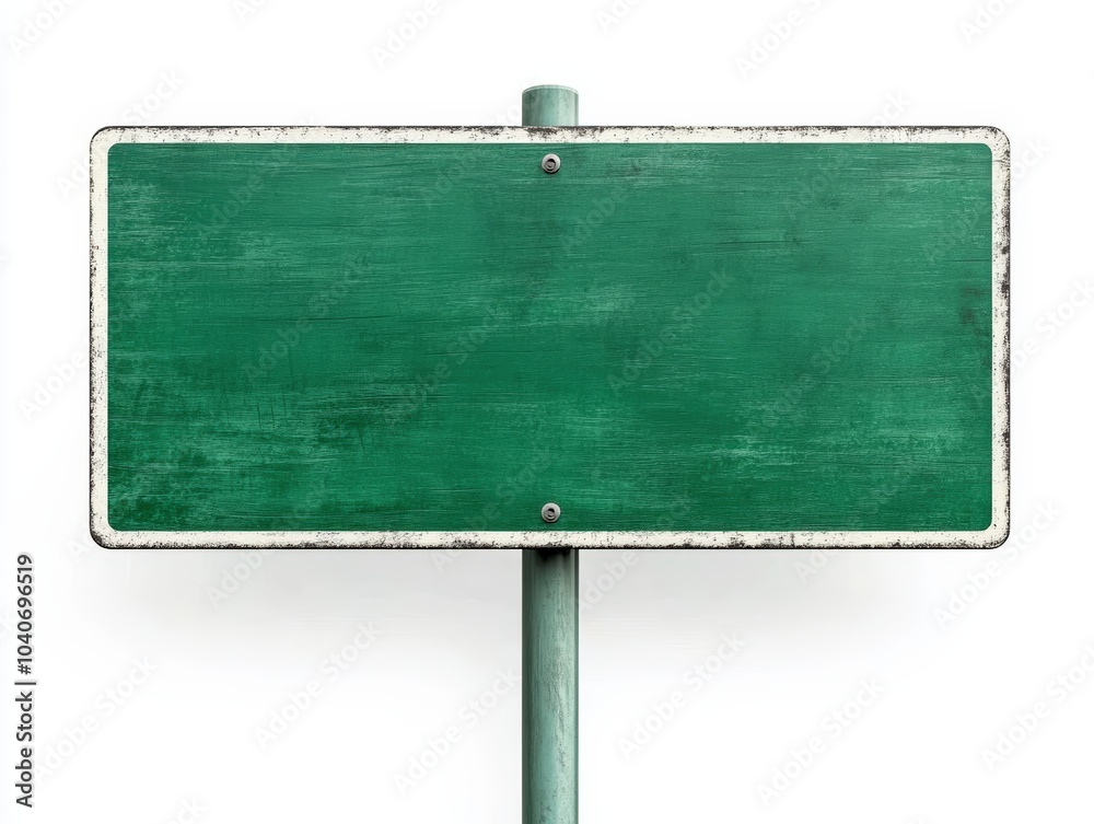 Empty green sign on a metal post, isolated on a white background. Empty green sign on a metal post, isolated on a white background.
