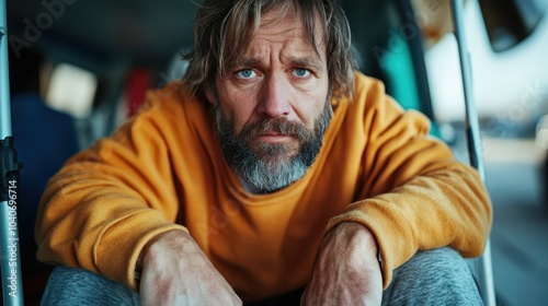 A contemplative man dressed in a yellow sweater sits thoughtfully, possibly lost in deep reflection, invoking a profound sense of introspection and life journey.