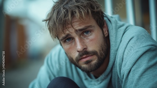 A young man clad in a gray hoodie gazes pensively, embodying a sense of calm reflection amid the subtle interplay of shadows and light outdoors. photo