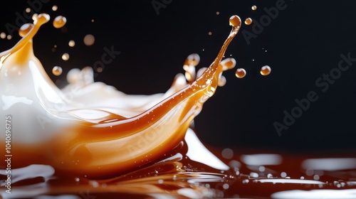 A vivid and dynamic moment is captured as a splash of caramel and white liquid creates an expressive display in fluid motion, symbolizing energy, momentum, and luxury. photo