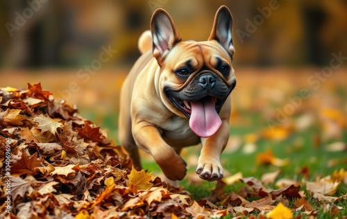 French Bulldog Playing in Autumn Leaves