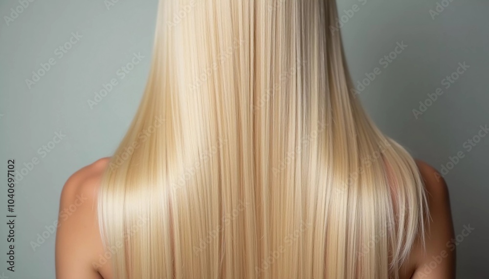 Naklejka premium Smooth, straight blond hair flows elegantly down back, highlighting its healthy shine and uniform color, illuminated by soft lighting, creating striking look. Hair care, the effect of cosmetics. AI