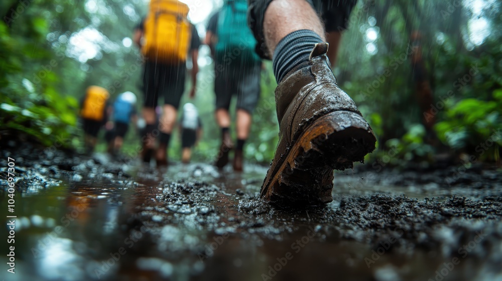 A group of hikers in a lush forest, with attention on the mud-covered footwear, capturing the texture and dynamics of adventure and teamwork in nature. A group of hikers in a lush forest, with attention on the mud-covered footwear, capturing the texture and dynamics of adventure and teamwork in nature.
