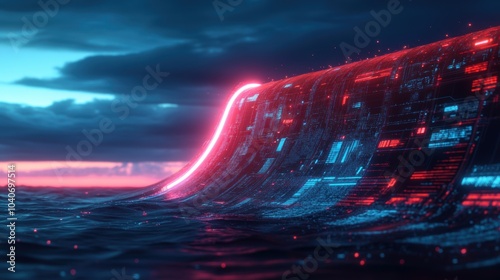 Cybernetic wave in a digital ocean, abstract technology concept