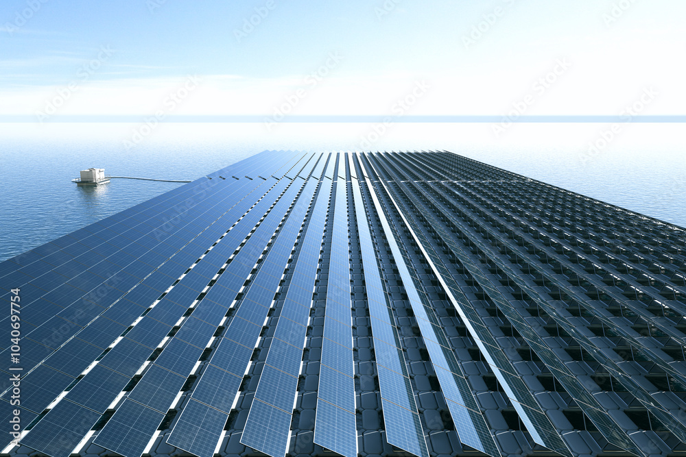 Innovative Floating Solar Panels on Calm Water Horizon Under Bright Clear Sky