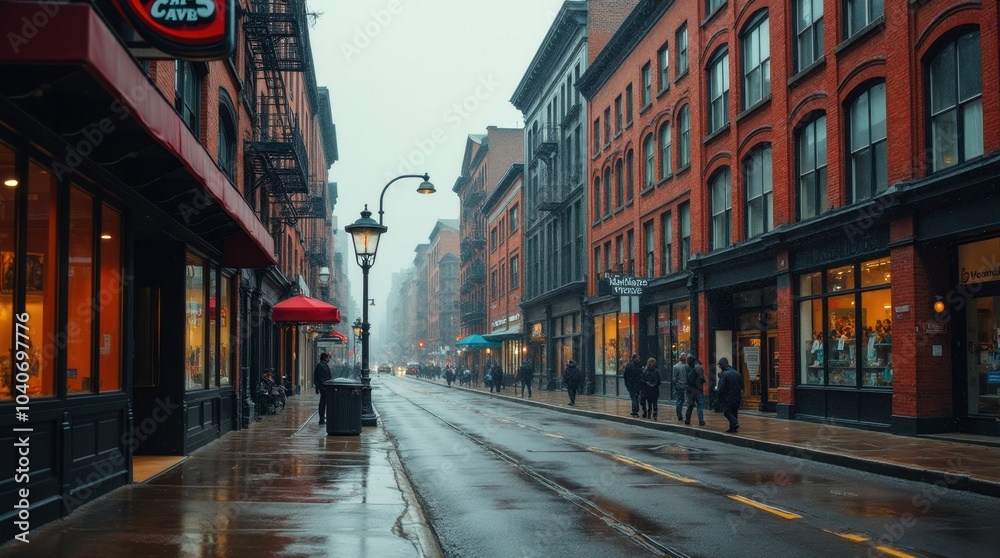 Fototapeta premium A bustling city street after rain, showcasing the slick, reflective surface of the pavement and the gritty texture of the surroundings.