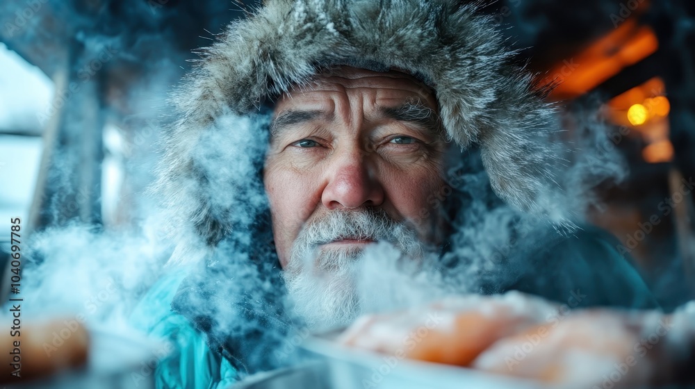 An elderly man cloaked in a fur-lined hood faces the winter cold. His expression reveals resilience. The scene is enveloped in frosty, icy ambiance. An elderly man cloaked in a fur-lined hood faces the winter cold. His expression reveals resilience. The scene is enveloped in frosty, icy ambiance.