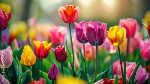 Vibrant Tulip Field in Full Bloom During Spring Season