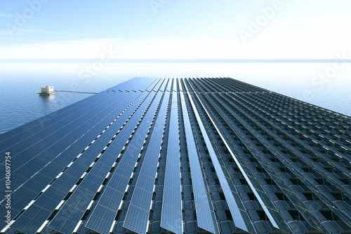 Obraz na płótnie Innovative Floating Solar Panels on Calm Water Horizon Under Bright Clear Sky w salonie