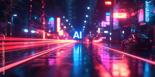 Neon-lit futuristic cityscape with AI sign illuminated on the street.