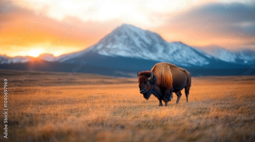 custom made wallpaper toronto digitalA lone bison walks across a golden field as the sun sets, casting a warm glow on the landscape with a picturesque snow-capped mountain in the distance.