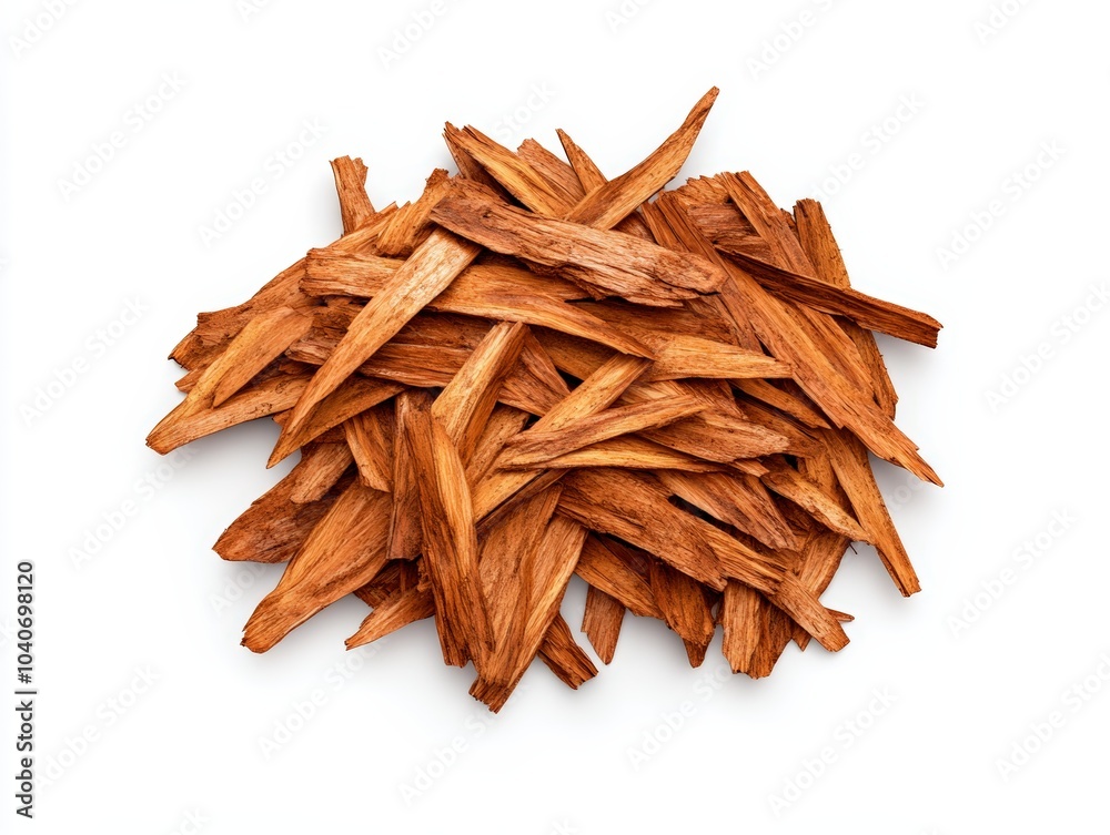 A pile of aromatic wood shavings isolated on a white background. A pile of aromatic wood shavings isolated on a white background.