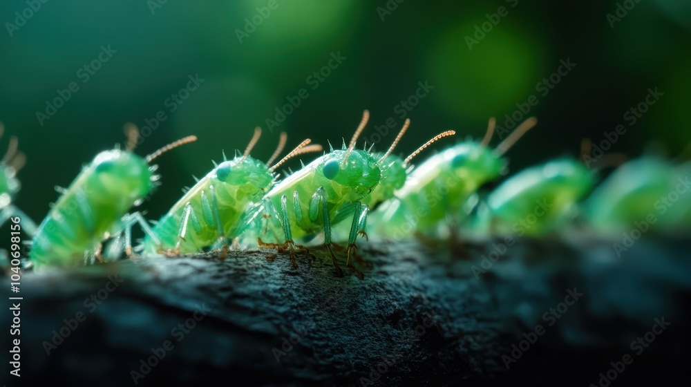A striking close-up image of several green insects resting on a branch, emphasizing the intricate details of their delicate structures and unity in nature's simplicity. A striking close-up image of several green insects resting on a branch, emphasizing the intricate details of their delicate structures and unity in nature's simplicity.