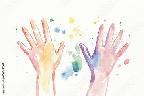 Colorful watercolor hands with paint splashes on a white background