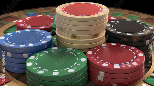 Spannende Pokerchips auf einem grünen Roulette-Tisch

