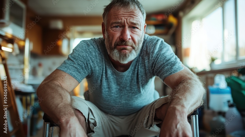 A pensive man with a thoughtful expression sits at home, conveying feelings of introspection and pondering life's complexities within a personal space. A pensive man with a thoughtful expression sits at home, conveying feelings of introspection and pondering life's complexities within a personal space.
