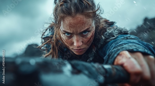 An intense portrayal of a female warrior with dirtied face and fierce determination, pulling forward with purpose amidst a blurred landscape in dynamic action. photo