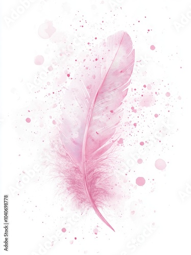 A soft pink feather floating on a white background, with watercolor splashes and dots.