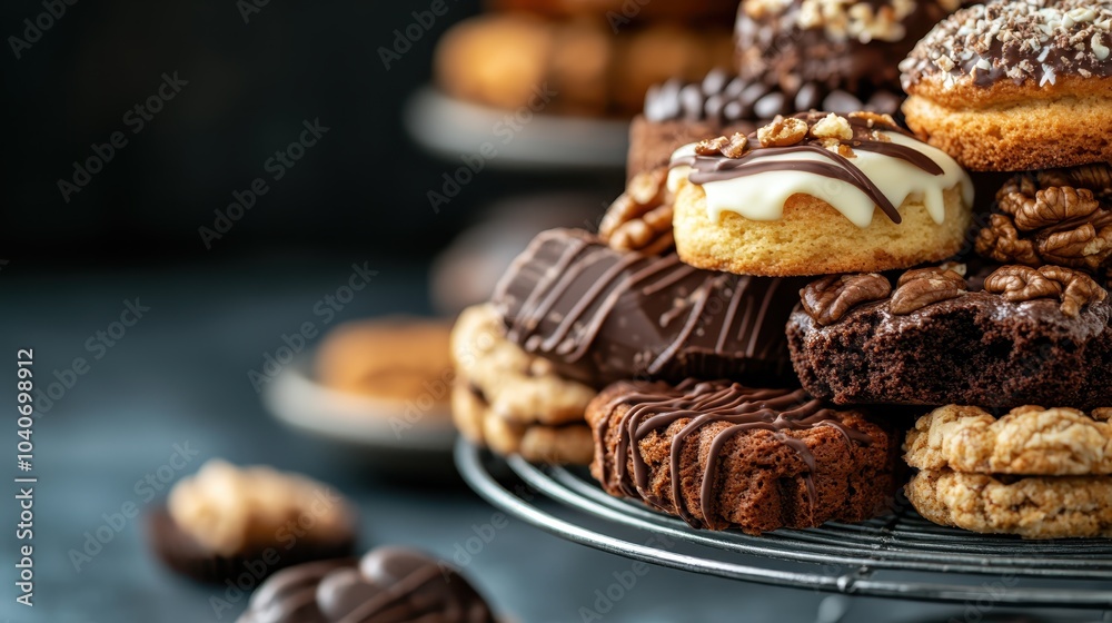 An array of assorted chocolate desserts including cookies, pastries, and brownies, beautifully arranged on a tiered stand showcasing their enticing textures. An array of assorted chocolate desserts including cookies, pastries, and brownies, beautifully arranged on a tiered stand showcasing their enticing textures.
