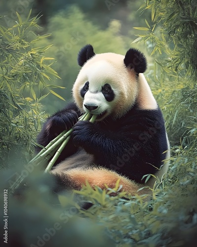 A giant panda peacefully munches on bamboo in a lush, green forest, showcasing the serene beauty of nature and wildlife.