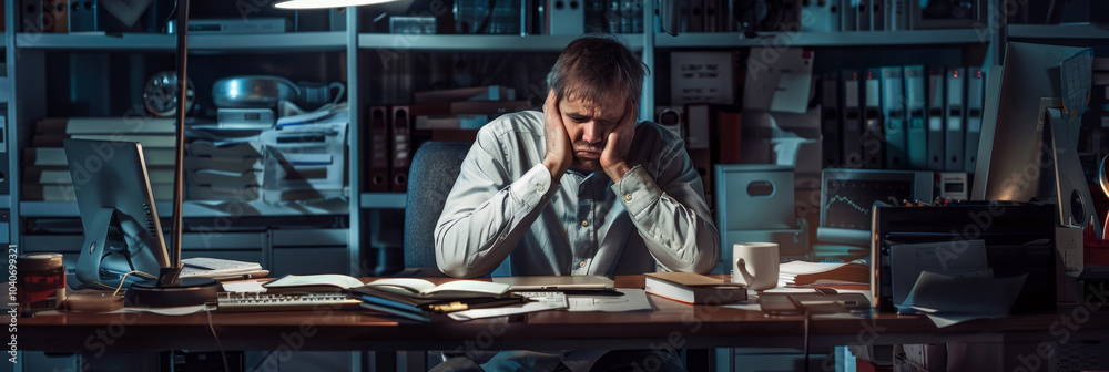 Sad office worker, tired manager, sad person, having bad day, overworked burnout, a lot of paperwork Sad office worker, tired manager, sad person, having bad day, overworked burnout, a lot of paperwork