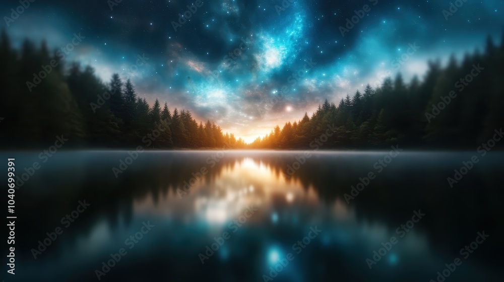 A breathtaking scene of a star-filled sky reflecting in a calm lake, surrounded by a silhouette of trees, creating a sense of cosmic tranquility and wonder. A breathtaking scene of a star-filled sky reflecting in a calm lake, surrounded by a silhouette of trees, creating a sense of cosmic tranquility and wonder.