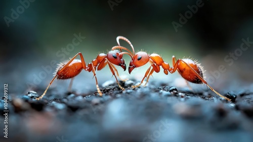 Close-up image shows two red ants confronting each other on a textured ground, displaying detailed features like antennae and legs in sharp focus. photo